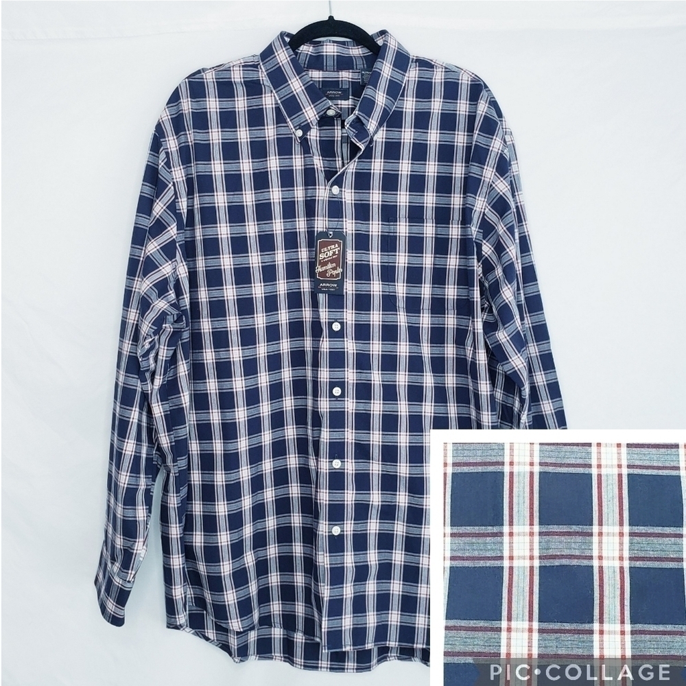 NWT Men's Arrow Button Down Plaid Dress Shirt Hamilton Poplin Navy
